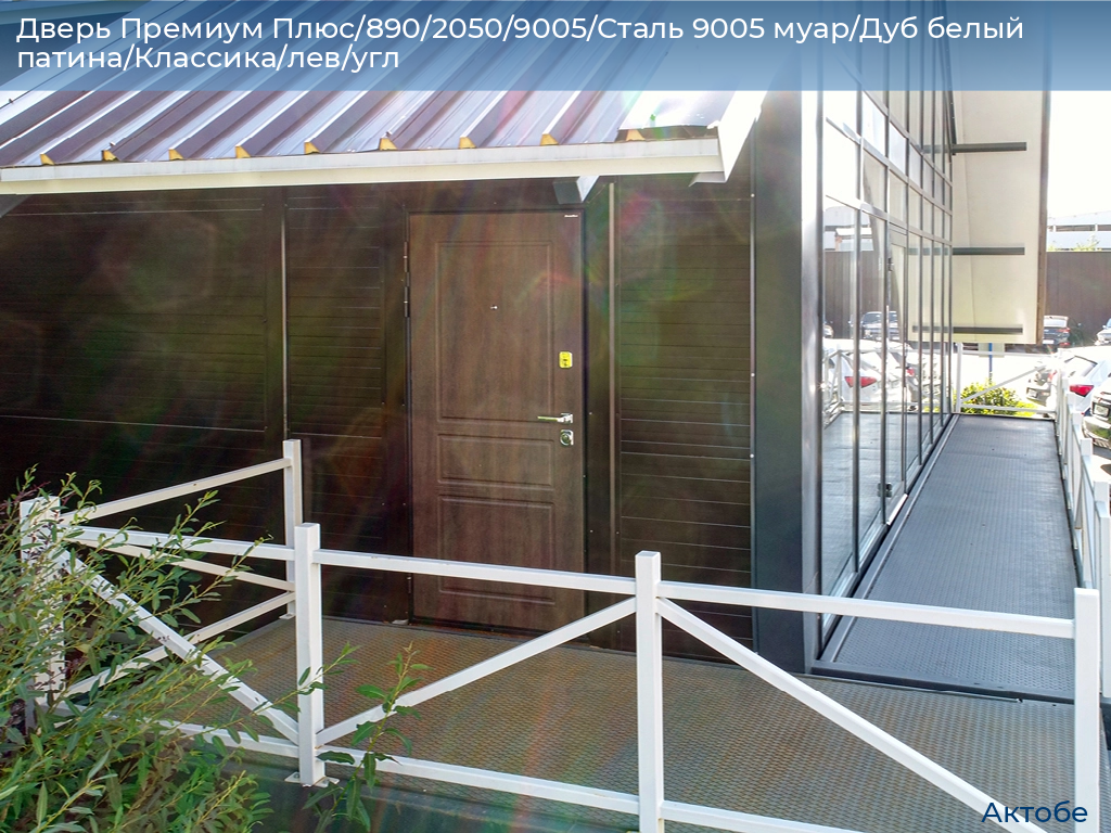 Дверь Премиум Плюс/890/2050/9005/Сталь 9005 муар/Дуб белый патина/Классика/лев/угл, aktyubinsk.doorhan.ru